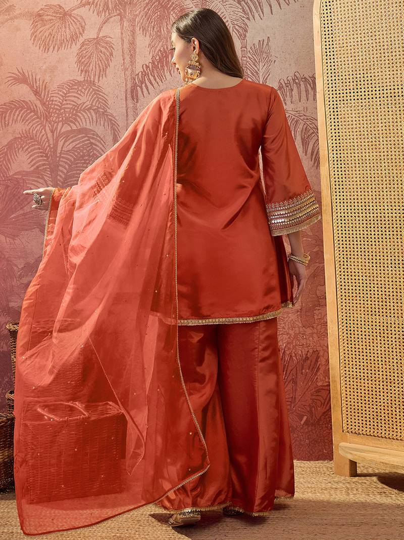 Orange french crepe heavy thread embroidery work kurta palazzo set