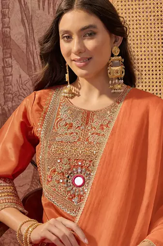 Orange french crepe heavy thread embroidery work kurta palazzo set