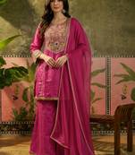 Rani pink french crepe heavy thread embroidery work kurta palazzo set