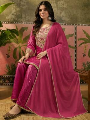Rani pink french crepe heavy thread embroidery work kurta palazzo set 2