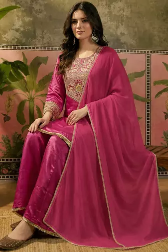 Rani pink french crepe heavy thread embroidery work kurta palazzo set