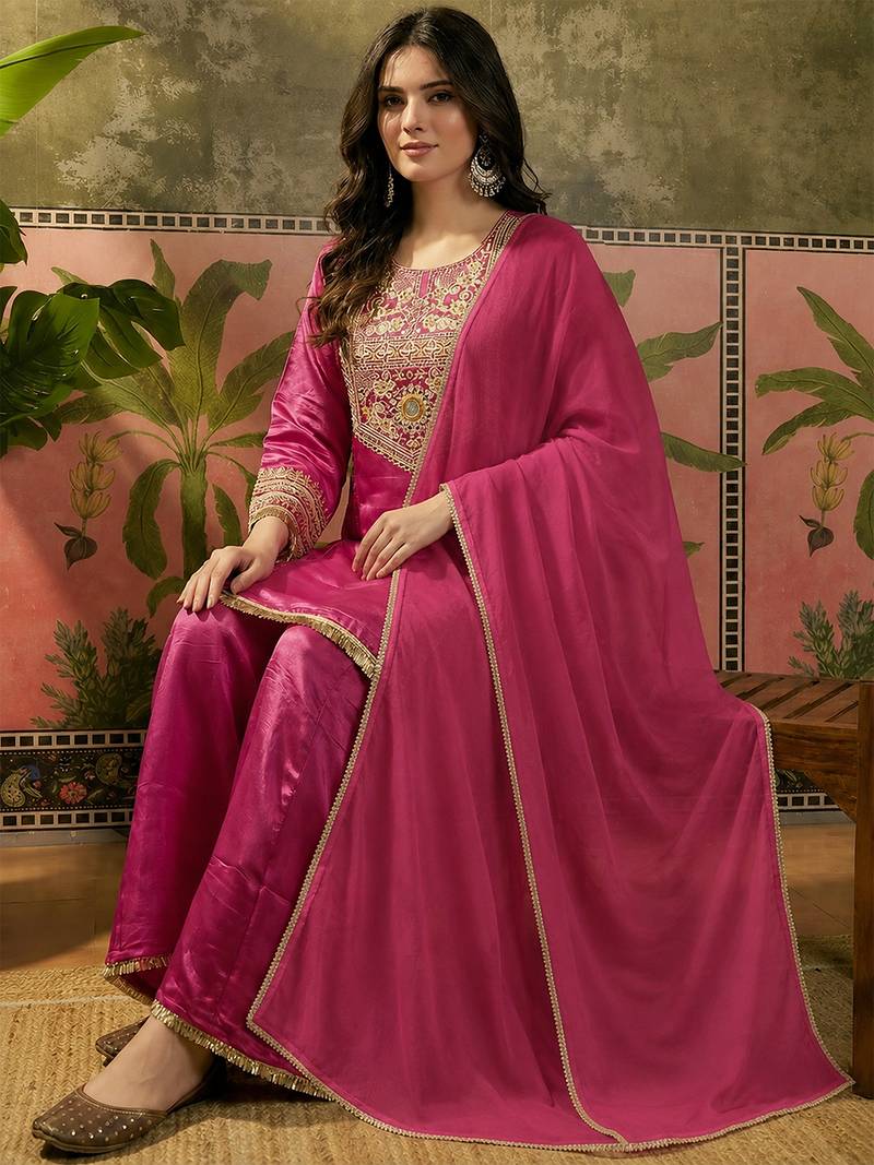 Rani pink french crepe heavy thread embroidery work kurta palazzo set