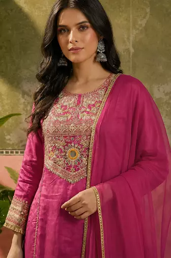 Rani pink french crepe heavy thread embroidery work kurta palazzo set