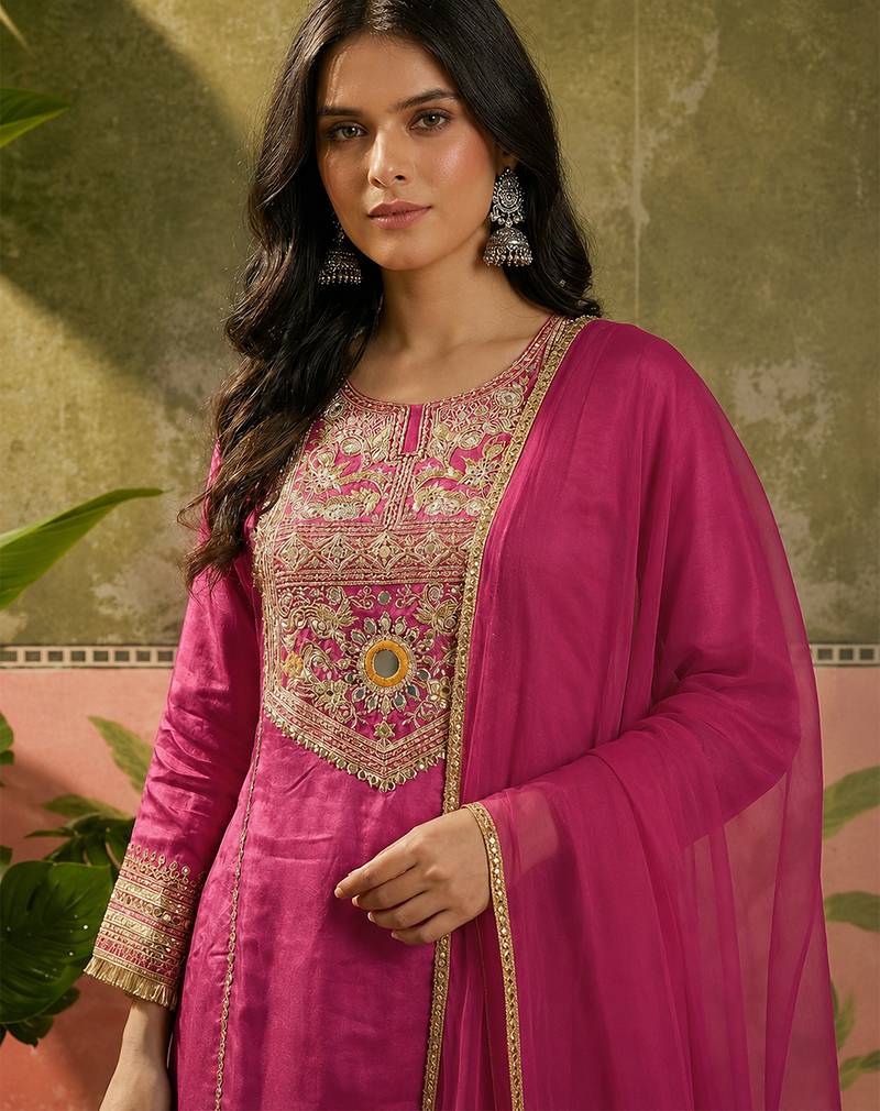 Rani pink french crepe heavy thread embroidery work kurta palazzo set