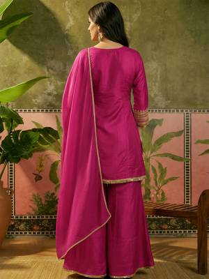 Rani pink french crepe heavy thread embroidery work kurta palazzo set 4