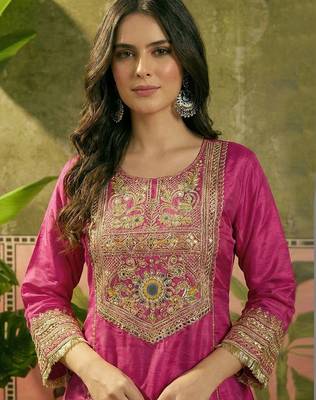 Rani pink french crepe heavy thread embroidery work kurta palazzo set 5