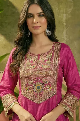 Rani pink french crepe heavy thread embroidery work kurta palazzo set