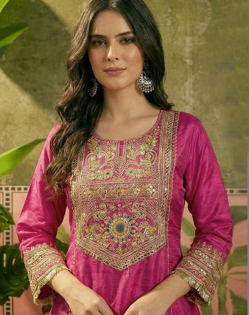 Rani pink french crepe heavy thread embroidery work kurta palazzo set