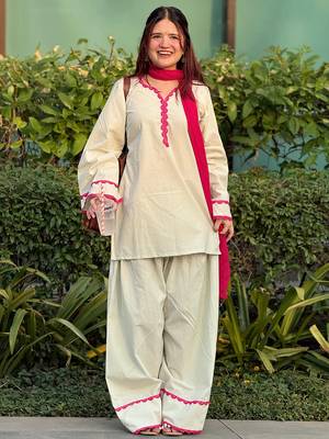 Off white cotton heavy thread embroidery work kurta patiala gharara set 1