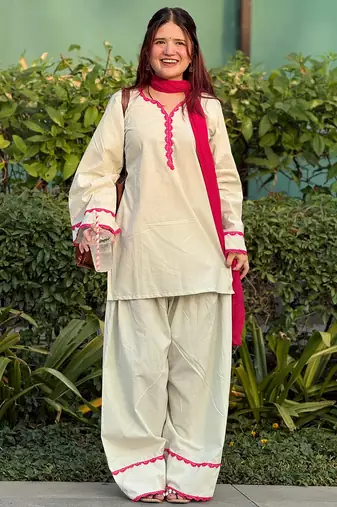 Off white cotton heavy thread embroidery work kurta patiala gharara set