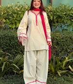 Off white cotton heavy thread embroidery work kurta patiala gharara set