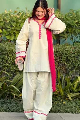 Off white cotton heavy thread embroidery work kurta patiala gharara set