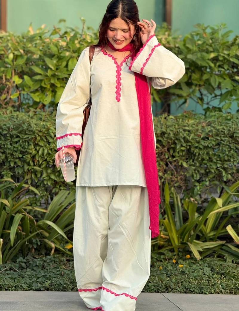 Off white cotton heavy thread embroidery work kurta patiala gharara set