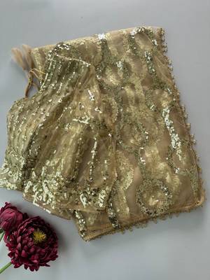 Cream butterfly net embroidered saree with unstitched blouse 4