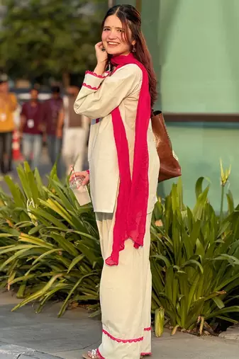 Off white cotton heavy thread embroidery work kurta patiala gharara set