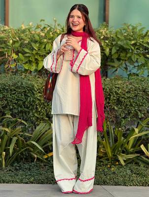 Off white cotton heavy thread embroidery work kurta patiala gharara set 4
