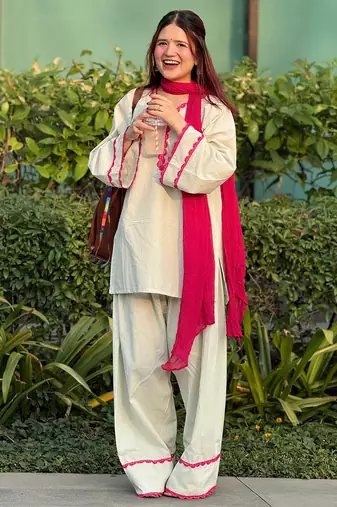 Off white cotton heavy thread embroidery work kurta patiala gharara set