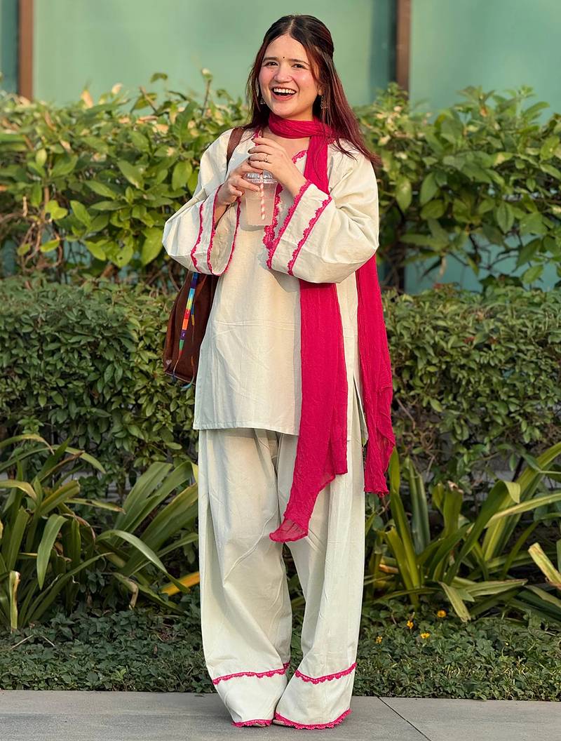 Off white cotton heavy thread embroidery work kurta patiala gharara set