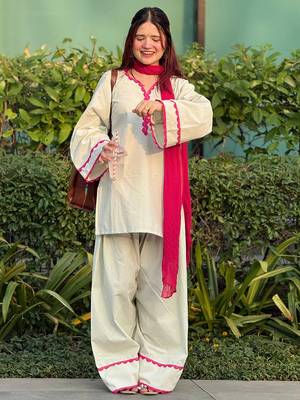 Off white cotton heavy thread embroidery work kurta patiala gharara set 5