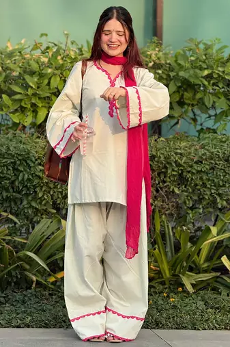 Off white cotton heavy thread embroidery work kurta patiala gharara set
