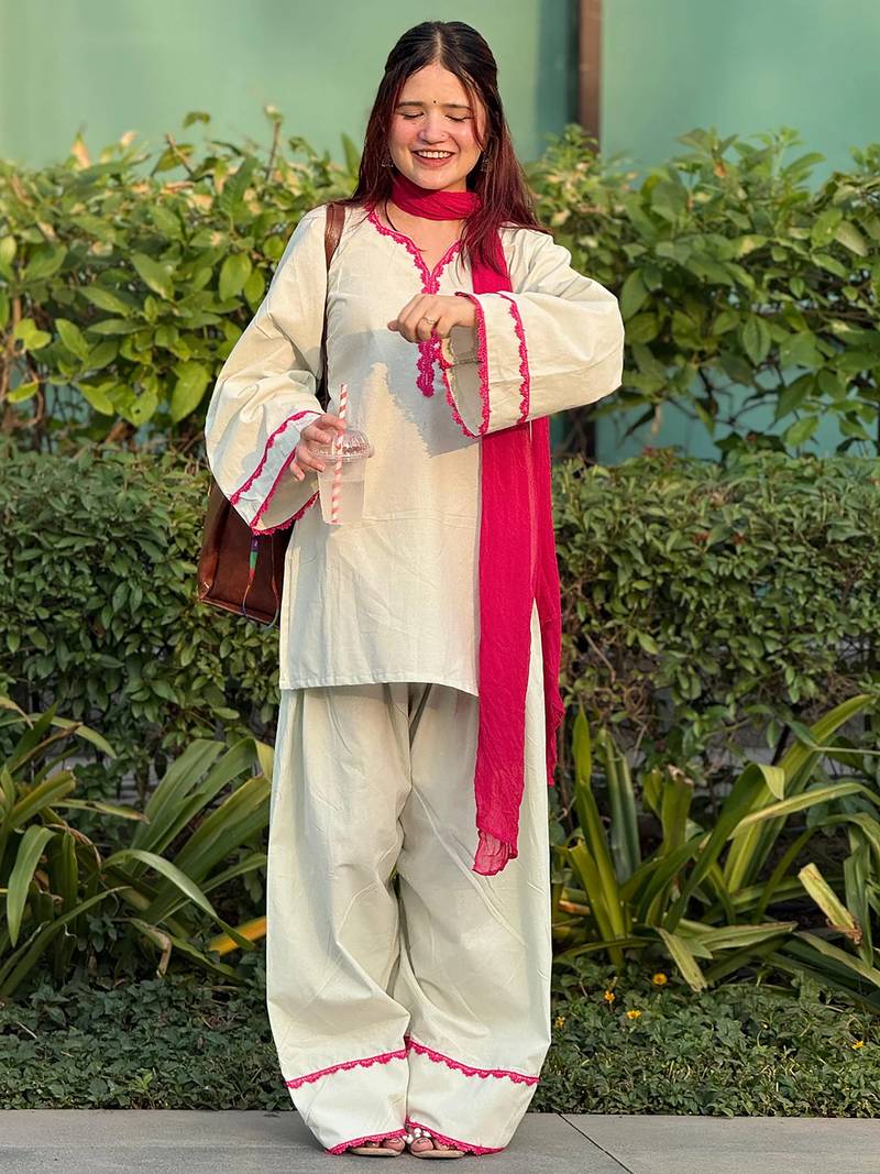 Off white cotton heavy thread embroidery work kurta patiala gharara set