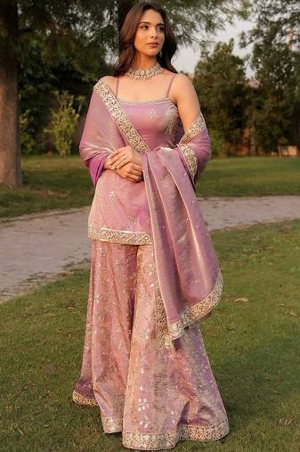 Mauve fandy silk heavy thread embroidery work kurta sharara set