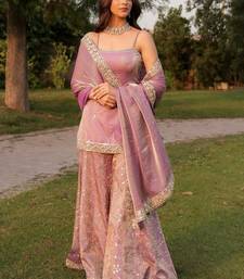 Mauve fandy silk heavy thread embroidery work kurta sharara set