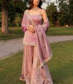 Mauve fandy silk heavy thread embroidery work kurta sharara set