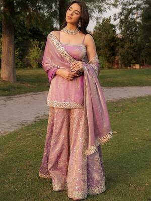 Mauve fandy silk heavy thread embroidery work kurta sharara set 2