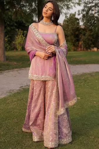Mauve fandy silk heavy thread embroidery work kurta sharara set