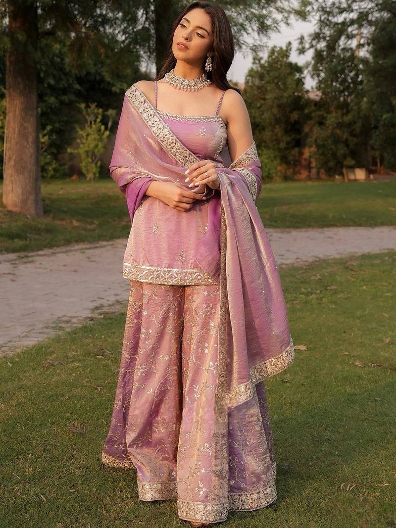 Mauve fandy silk heavy thread embroidery work kurta sharara set