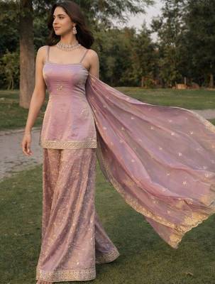 Mauve fandy silk heavy thread embroidery work kurta sharara set 3
