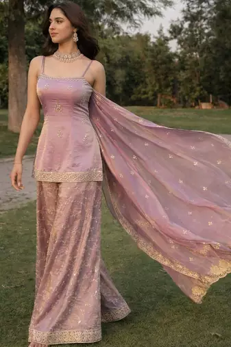 Mauve fandy silk heavy thread embroidery work kurta sharara set