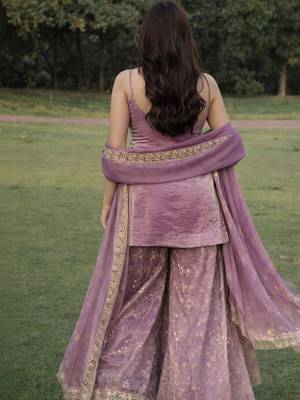 Mauve fandy silk heavy thread embroidery work kurta sharara set 4