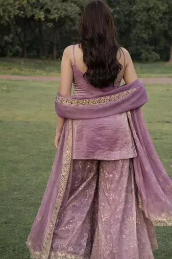 Mauve fandy silk heavy thread embroidery work kurta sharara set