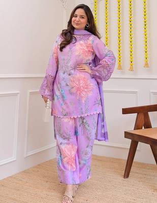 Lavender georgette heavy thread embroidery work with print kurta patiala gharara set 1