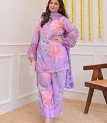 Lavender georgette heavy thread embroidery work with print kurta patiala gharara set