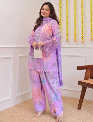 Lavender georgette heavy thread embroidery work with print kurta patiala gharara set 2
