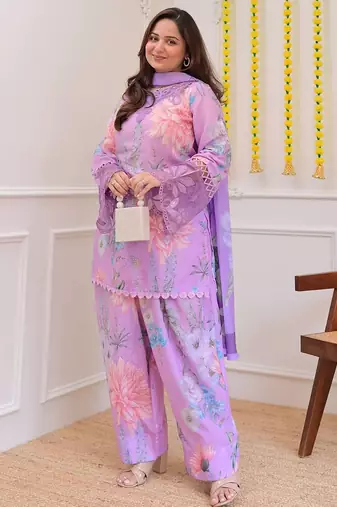 Lavender georgette heavy thread embroidery work with print kurta patiala gharara set