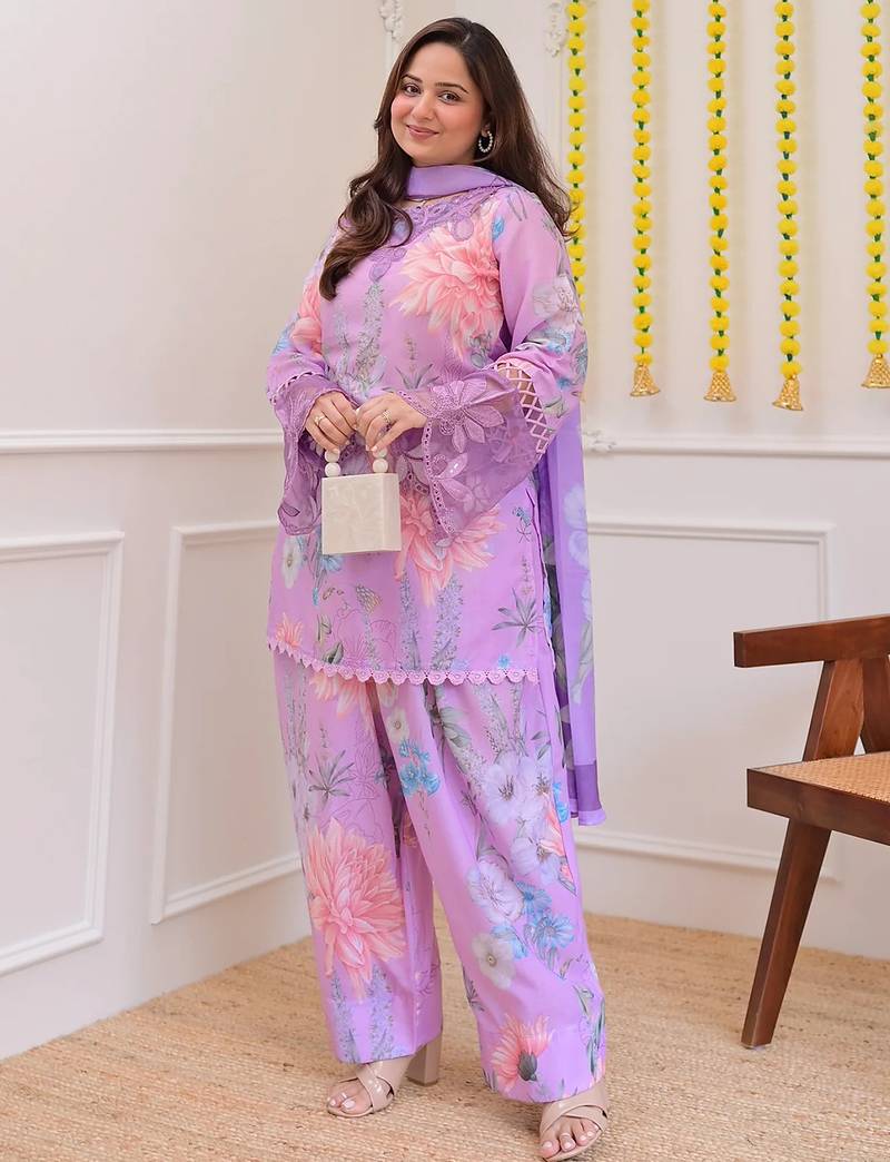 Lavender georgette heavy thread embroidery work with print kurta patiala gharara set
