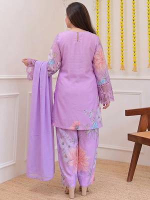 Lavender georgette heavy thread embroidery work with print kurta patiala gharara set 3