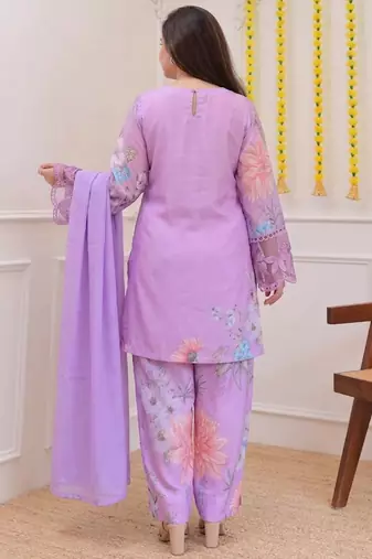 Lavender georgette heavy thread embroidery work with print kurta patiala gharara set