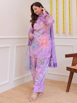 Lavender georgette heavy thread embroidery work with print kurta patiala gharara set 4