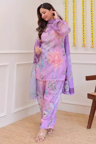 Lavender georgette heavy thread embroidery work with print kurta patiala gharara set