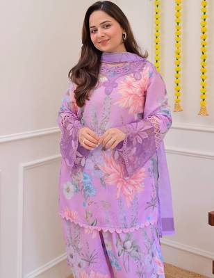 Lavender georgette heavy thread embroidery work with print kurta patiala gharara set 5