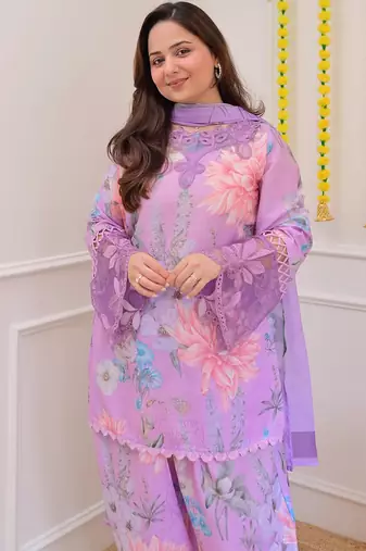 Lavender georgette heavy thread embroidery work with print kurta patiala gharara set