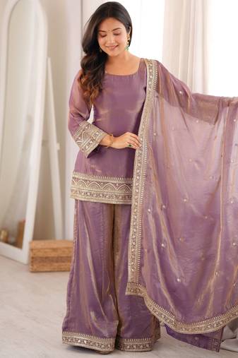 Cream fendy silk blend kurta palazzo set with dupatta