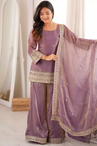 Cream fendy silk blend kurta palazzo set with dupatta