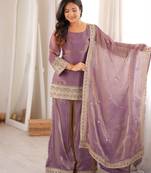 Cream fendy silk blend kurta palazzo set with dupatta
