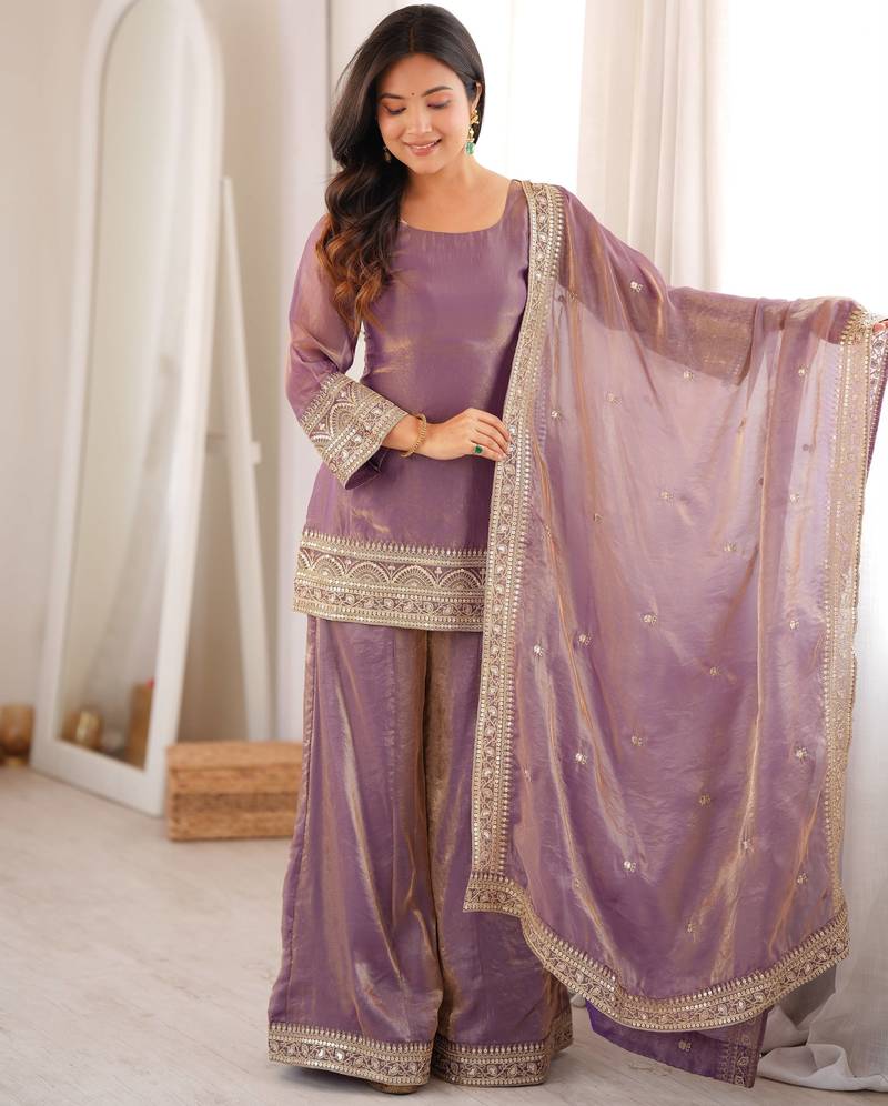 Cream fendy silk blend kurta palazzo set with dupatta
